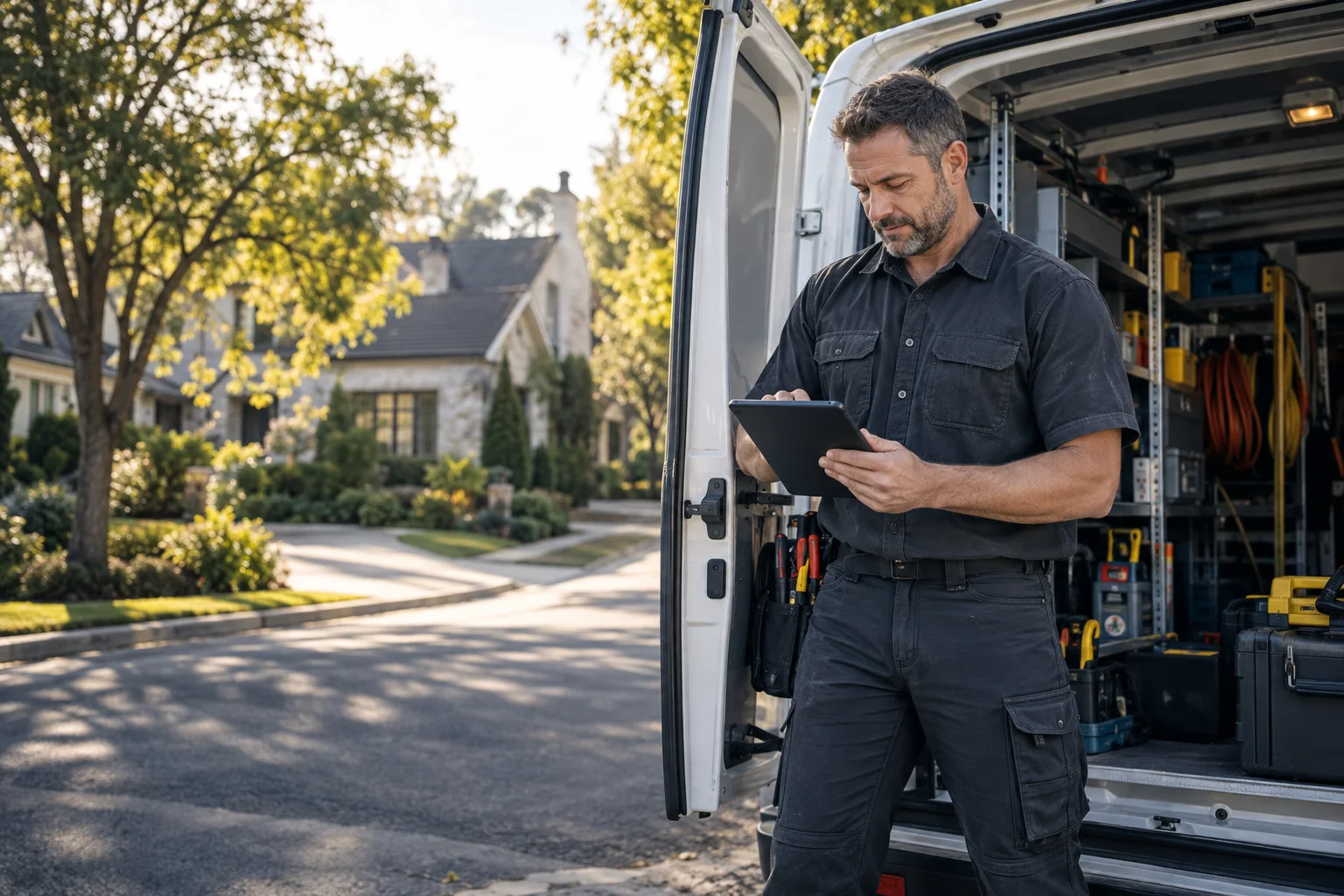 Electrician reviewing work on a tablet beside a service van