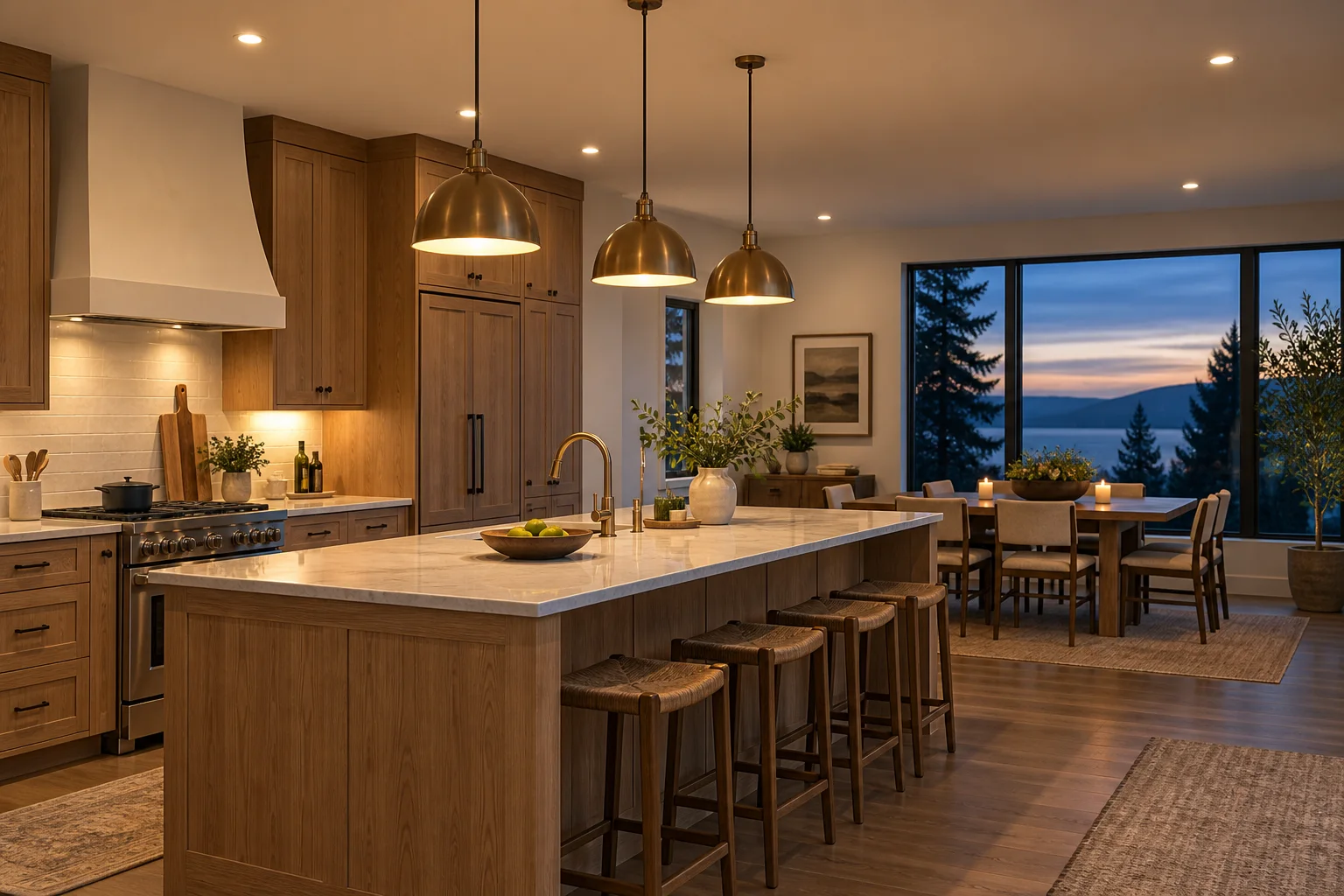 Finished kitchen with warm pendant and recessed lighting